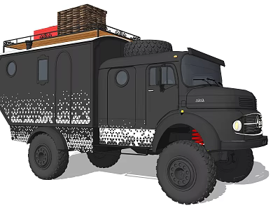 Black Camper Truck With Roof Rack Basket And Large Tires Patterned Body For Outdoor Adventures 3d model