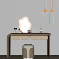 Elegant Dressing Table with Decorative Wavy Mirror Skincare Products and Ivory Stool