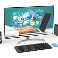 Modern Computer Setup With Large Monitor Laptop Keyboard Mouse Speakers And Colorful Screen Icons