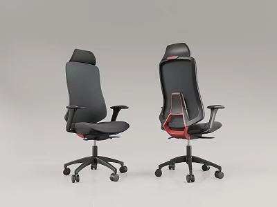 Modern Black Office Chair Featuring Red Structural Backrest And Wheeled Armrest Base 3d model