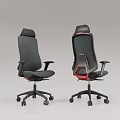 Modern Black Office Chair Featuring Red Structural Backrest And Wheeled Armrest Base 3d model