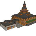 Ancient Wooden Architecture with Spire Tower Surrounded by Green Lawn and Trees Under Blue Sky