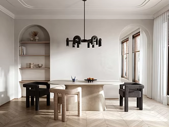 Qui Restaurant Home Restaurant Combination Stone Dining Table Dining Chair Single Chair Chandelier Ornament Combination 3d model