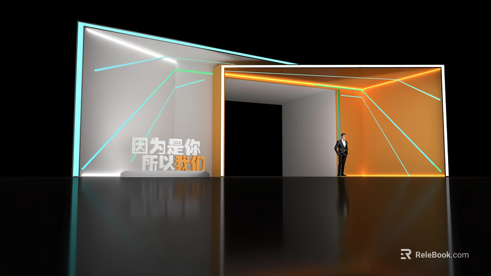 Modern Event Entrance With Geometric Neon Light Lines And Suited Figure 3d model 