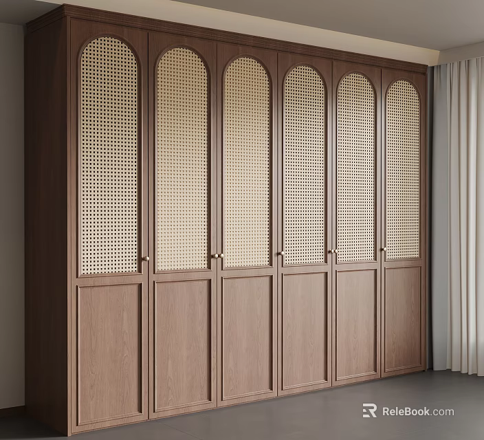 Elegant Modern Wooden Wardrobe With Arched Doors And Lattice Panels Design 3d model 