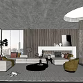 Modern Living Room With Large Windows City View Wooden Wall Round Pendant Light And Sofa