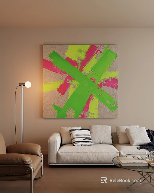 Vibrant Textured Abstract Painting With Yellow Green Pink Hues For Living Room Interior 3d model 