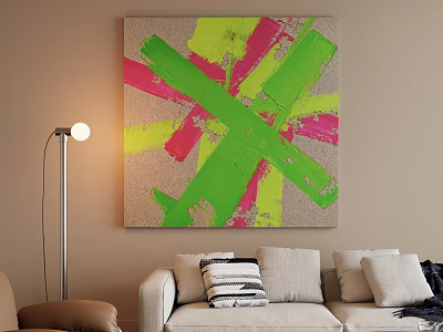 Vibrant Textured Abstract Painting With Yellow Green Pink Hues For Living Room Interior 3d model