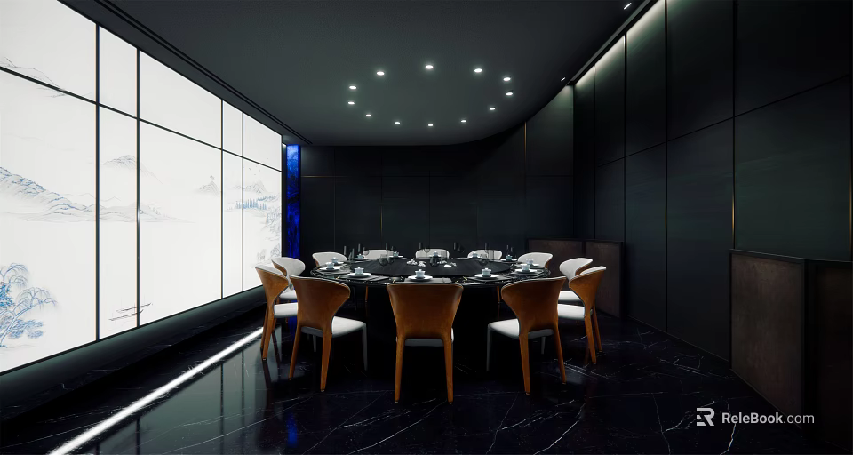 Elegant Private Dining Box Interior With Round Table Chairs Lighting And Large Windows 3d model