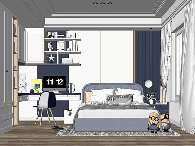 Kids Room Interior Design With Bed Desk Bookshelf Rabbit Plush Toy And Window Curtains 3d model