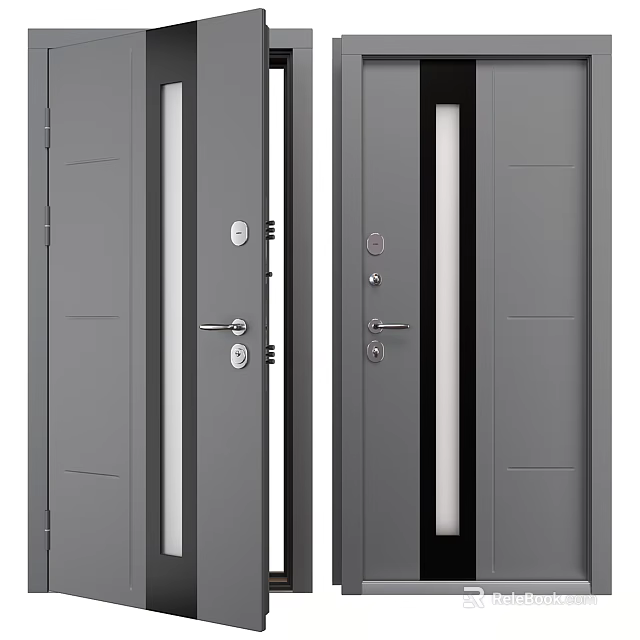Contemporary Gray Swing Door With Glass Panel Handle And Secure Lock Features 3d model 