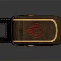 Brown Leather Storage Bag With Red Flame Pattern Black Straps And Golden Buckle