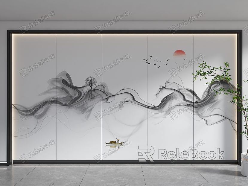 Decorative panel background wall landscape integrated background wall ink painting wood veneer background wall living room sofa background wall model