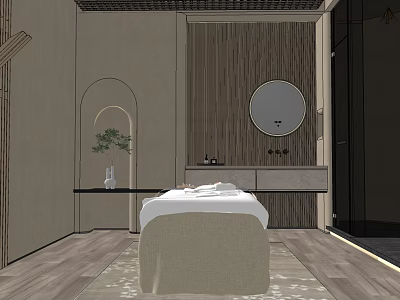 Serene SPA Sauna Interior With Massage Bed White Sheets Round Mirror And Plant Vase 3d model