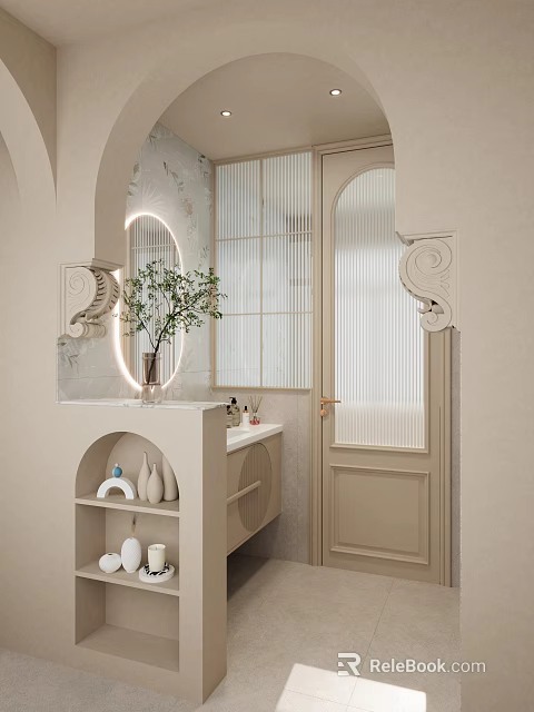 Elegant Bathroom Interior Design With Round Mirror Green Plant Marble Vanity And Decorative Elements 3d model 