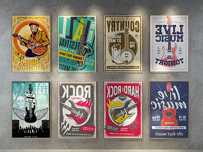 Vintage Music Concert Posters Featuring Rock Jazz And Live Performance Designs 3d model