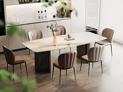 Modern Dining Room With Marble Table Six Chairs Vase And Kitchen Elements 3d model