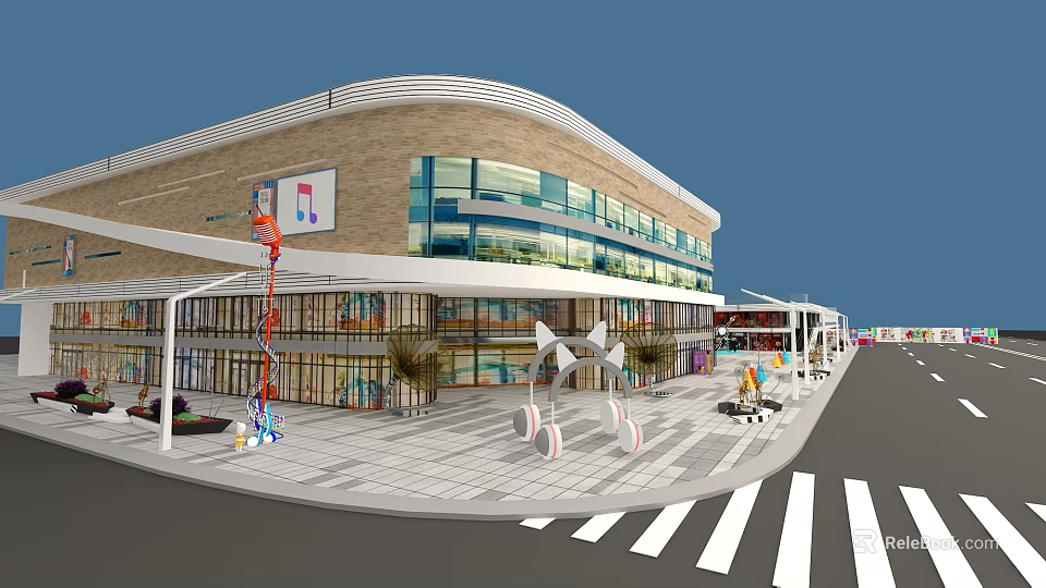 Modern Commercial Building Exterior With Glass Curtain Walls Canopy Outdoor Plaza And Decorative Installations 3d model 