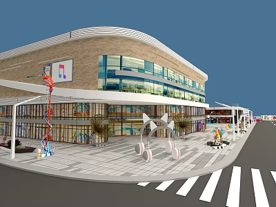 Modern Commercial Building Exterior With Glass Curtain Walls Canopy Outdoor Plaza And Decorative Installations 3d model