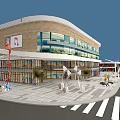 Modern Commercial Building Exterior With Glass Curtain Walls Canopy Outdoor Plaza And Decorative Installations