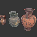 Ancient Clay Vase Sculptures With Hand Carved Painted Floral Bird Patterns And Double Handles