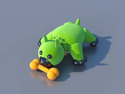 Green Stuffed Dog Toy Lying on Ground Holding Yellow Bone with Black Paws 3d model