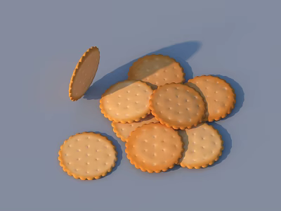 Golden Yellow Round Cookies With Small Holes and Patterned Edges Scattered on Light Blue Background 3d model