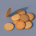 Golden Yellow Round Cookies With Small Holes and Patterned Edges Scattered on Light Blue Background