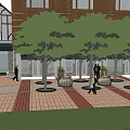 Dynamic Commercial Landscape With Brick Paved Walkway Trees Shops And Pedestrians