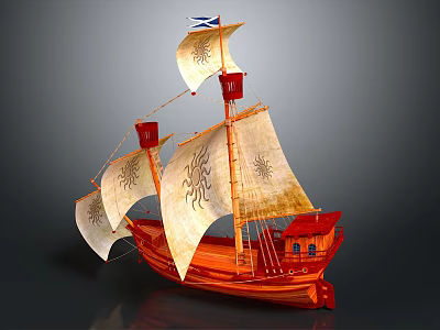 Vintage Wooden Ship With Orange Hull White Sails Sun Patterns And Red Flags 3d model