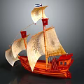 Vintage Wooden Ship With Orange Hull White Sails Sun Patterns And Red Flags