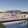 Contemporary Curved Architecture Aerial View Featuring Green Landscape Roadways And Water Features
