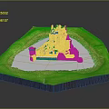 Cartoon Castle Model Scene With Green Grass Moat And Stone Towers