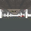 Modern Parking Garage Interior With White Pillars Yellow Stripes Red Car And Wooden Ceiling