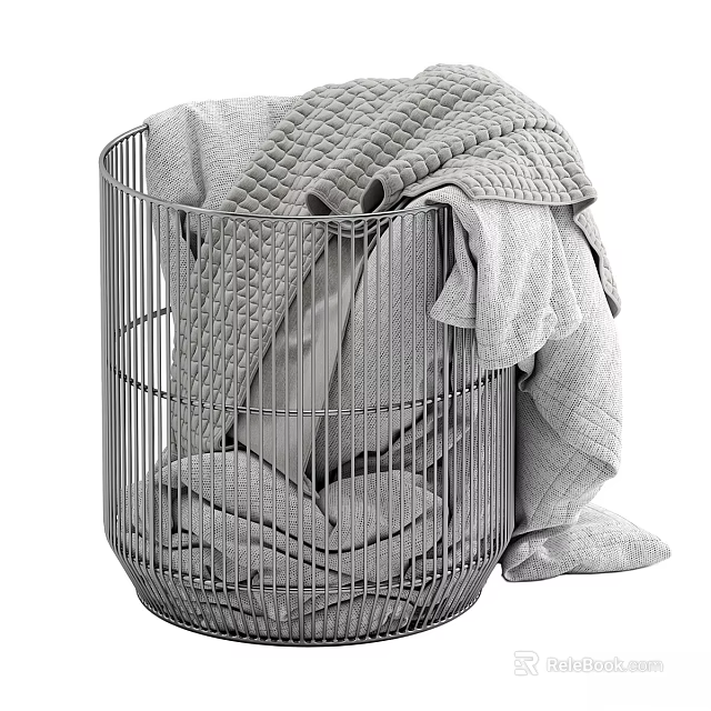 Metal Wire Laundry Basket With Towels And Textiles 3d model 