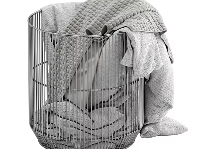 Metal Wire Laundry Basket With Towels And Textiles 3d model