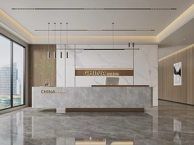 Modern Reception Desk China Office With Marble Countertop Spacious Interior Pendant Lights Large Windows 3d model