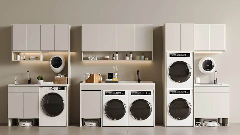 Modern Laundry Room With Stackable Washing Machines Cabinets Countertop And Storage 3d model