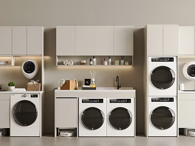 Modern Laundry Room With Stackable Washing Machines Cabinets Countertop And Storage 3d model