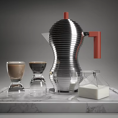 Modern Tableware Set with Silver Coffee Pot Red Handle Transparent Glassware for Coffee and Milk 3d model