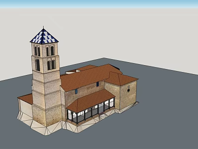 European Architecture Featuring Stone Brick Structure Brown Roof And Blue White Checkered Tower Spire 3d model