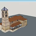 European Architecture Featuring Stone Brick Structure Brown Roof And Blue White Checkered Tower Spire