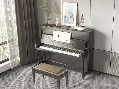 Elegant Black Piano With Painting And Decorative Items In Modern Room 3d model