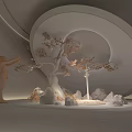 Art Installation Featuring Pink Flowering Tree Rock Formations Circular Window And Illuminated Blue Sky Moon