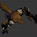 Orc Warrior Creature With Lion Head Muscular Body Orange Torso Purple Pants And Claw Weapons