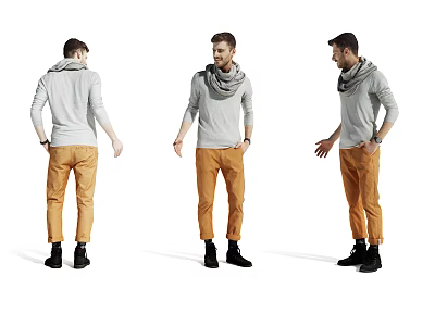 Man in gray long sleeve top brown pants black shoes with scarf from different angles 3d model