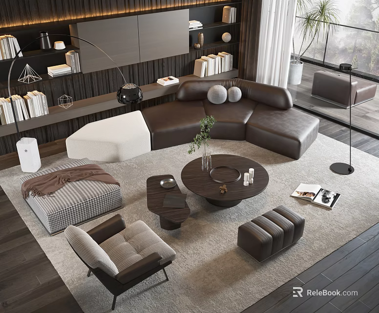 Elegant Modern Sofa Coffee Table Set With Leather Upholstery Decorative Pillows And Soft Rug 3d model 