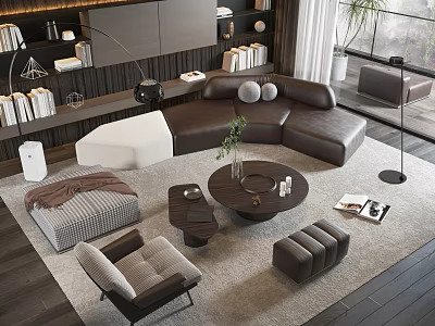Elegant Modern Sofa Coffee Table Set With Leather Upholstery Decorative Pillows And Soft Rug 3d model