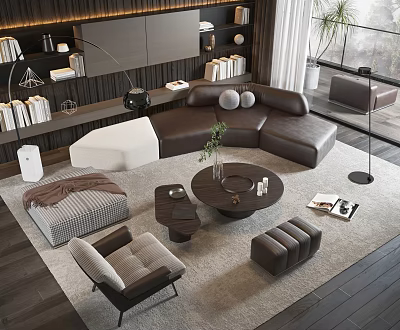 Elegant Modern Sofa Coffee Table Set With Leather Upholstery Decorative Pillows And Soft Rug 3d model