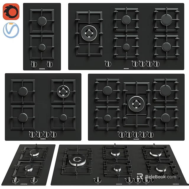 Black Modern Gas Cooktops With Multiple Styles And Various Burner Designs 3d model 
